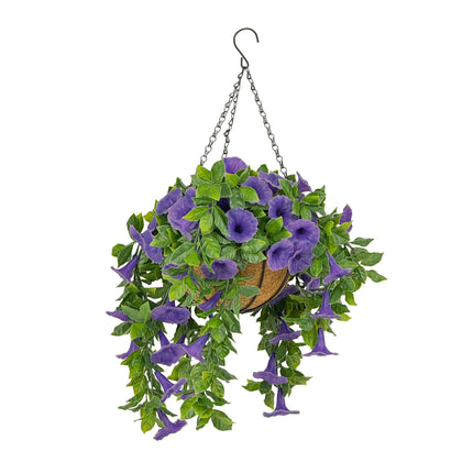 Hanging Basket with UV Treated artificial leaves and purple flowers