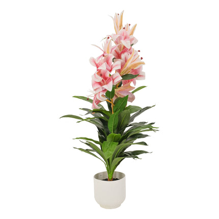 Artificial flower in white pot - Pink/White Oriental Lily
