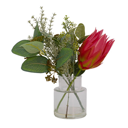 Artificial Flower Bouquet - Protea in Clear Glass Vase - Fuchsia 35cm
