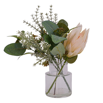 Artificial Flower Bouquet - Protea in Clear Glass Vase - White 35cm