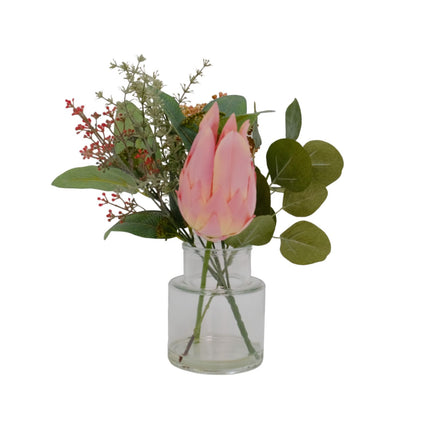Artificial Flower Bouquet - Protea in Clear Glass Vase - Pink 35cm